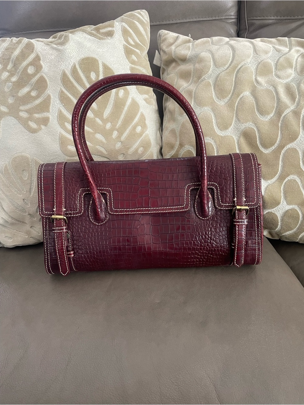 Nicole Miller Structured Croc-Embossed leather Burgundy Top-Handle Bag